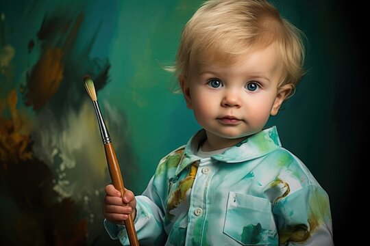 Baby inspired to be Artist, holding brush in his hand