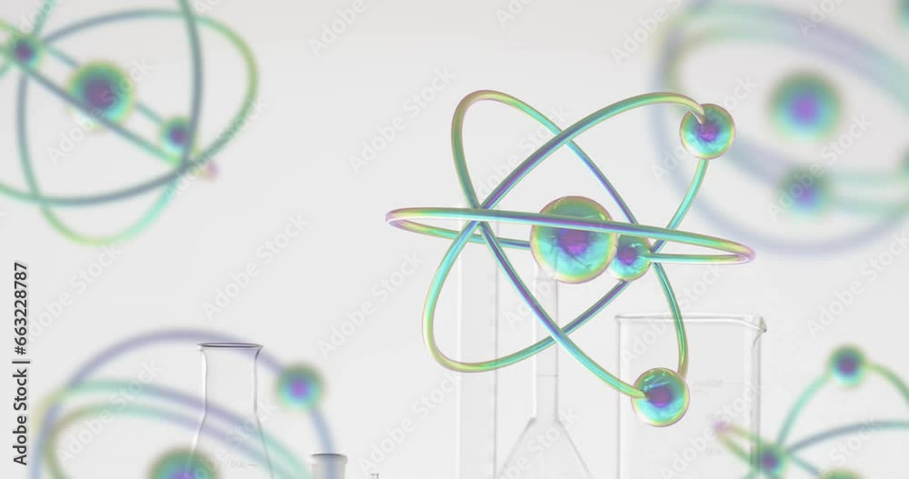 Poster Animation of atoms moving over laboratory dishes on white background