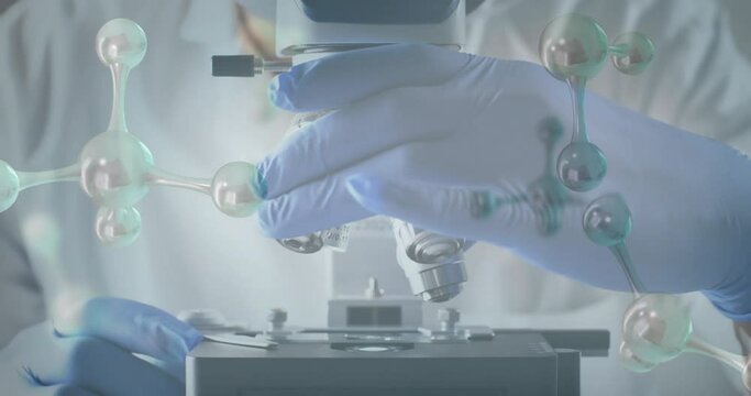 Animation of molecules chemical structures over scientist using laboratory microscope