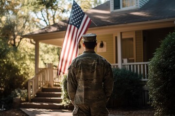 American soldier standing in front of usa flag.AI Generated