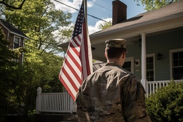 Soldier standing in front of home with american flag in the background.AI Generated