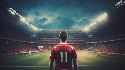 Rear view of football player standing against view of the empty stadium