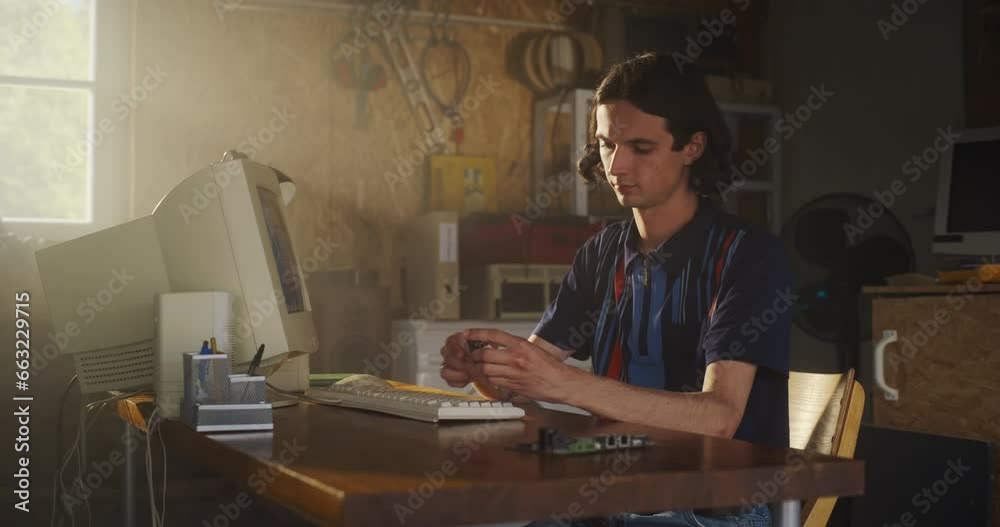 Poster Caucasian Male Computer Engineer Coding On Old Desktop PC And Inspecting Microchip In Retro Garage. Man Starting an Innovative Computer Company In Nineties, Building New Devices. Nostalgia Concept.