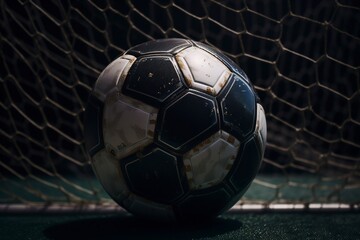 Close up soccer ball in goal net. AI Generated