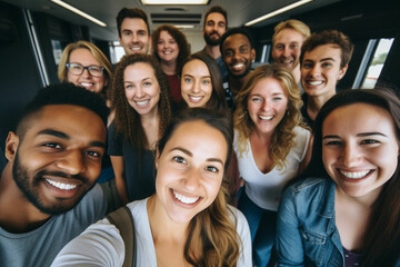 Happy group of coworkers taking a selfie at the office - obrazy, fototapety, plakaty