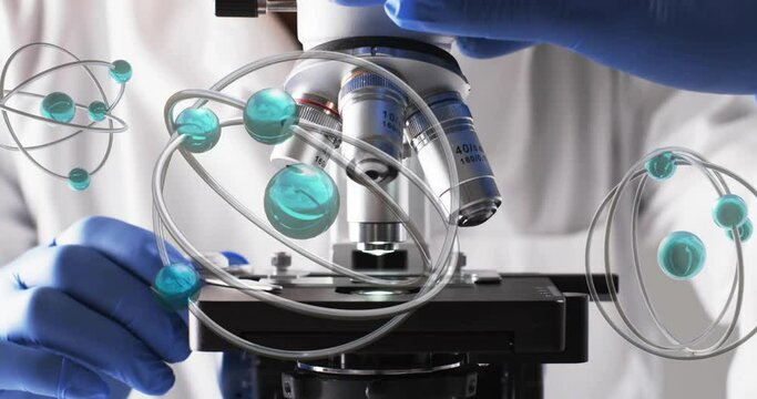 Animation of molecules chemical structures over scientist using laboratory microscope