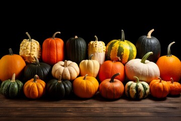 Top view many diversity vegetables whole orange green different pumpkin shapes Halloween background concept lantern party fall harvest gourds Autumn Thanksgiving decoration design food template nature