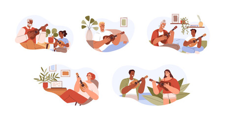 Set of diverse people playing ukulele music instrument, flat vector illustration isolated on white background.