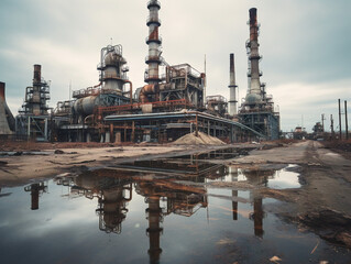 Fototapeta na wymiar A powerful visual of a deserted oil refinery representing the decline of the fossil fuel industry.