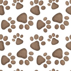 Obraz premium clip art Hand drawn watercolor Dog or cat paw seamless pattern background. cut out Cute animal brown footprints for pet tags. foot step silhouette of kitten, puppy. Canine, feline paws imprint