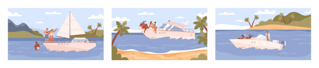 People enjoying summer vacation on yacht or speedboat, sea landscape - flat vector illustration.