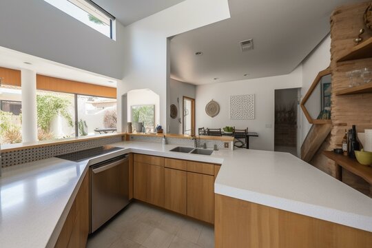 Bright kitchen with center counter. Generative AI