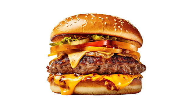 Hamburguesa a la parrilla completa aislada sobre fondo transparente.