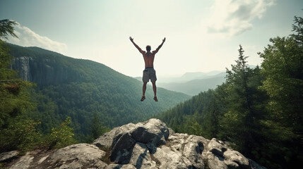 Happy man with arms up jumping on the top of the mountain after the successful trekking- Happy man with open arms standing on the top of mountain - Hiker with backpack celebrating success outdoor - Ai