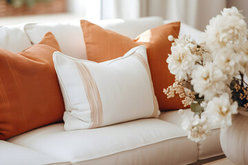 A Close-Up of a Fabric Sofa Adorned with White and Terra Cotta Pillows in the Modern Living Room's Inviting Interior Design