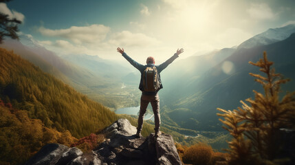 Happy man with arms up jumping on the top of the mountain after the successful trekking- Happy man with open arms standing on the top of mountain - Hiker with backpack celebrating success outdoor - Ai - obrazy, fototapety, plakaty