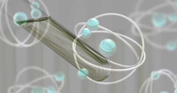 Animation of atoms over laboratory test tube dish on grey background
