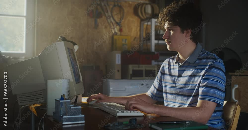 Leinwandbilder caucasian male software developer programming on old desktop computer in retro garage. enthusiast br