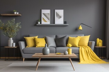 Contemporary living room with gray sofa, yellow and gray wall paint. Trendy color scheme. Generative AI