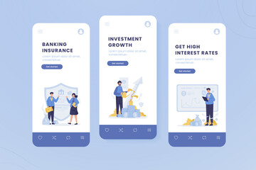 Illustration set of banking investment insurance on mobile onboard screen template