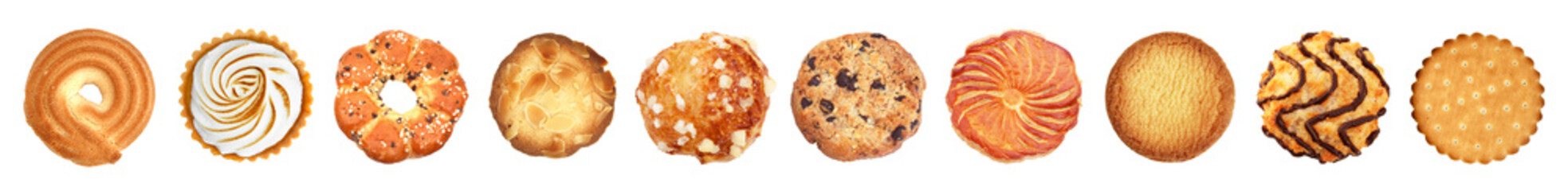 Frieze of cookies, cakes and round biscuits /transparent background