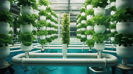 aquaponics - Organic modern hydroponic aquaponic vegetable farm .Concept for healthy food product - Plant vertical farms producing plant vaccines -  Ai
 - obrazy, fototapety, plakaty