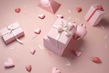 Gift boxes with cupid arrows surrounded by hearts for Valentine's Day. Generative AI