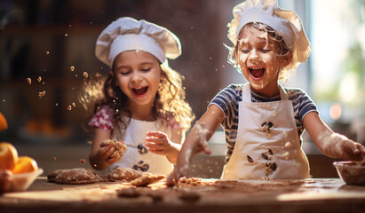 Two little girls with chef hats making cookies in the kitchen, having fun, laughing and making mess.