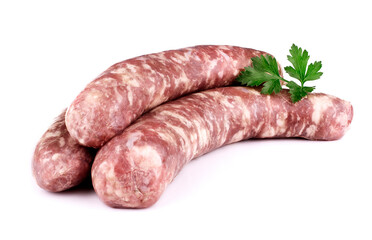 Raw sausage with parsley leaf isolated on white background.
