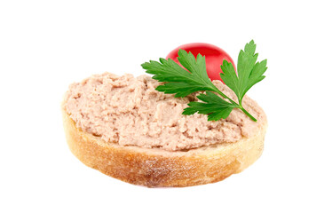 Fototapeta na wymiar Bread with homemade chicken pate, isolated on white background.