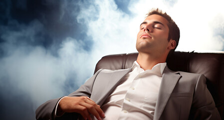 
Hombre de negocios en traje durmiendo plácidamente en su oficina corporativa, con expresión serena, en un sofá de cuero y fondo de humo.