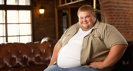 Hombre obeso y rubio, de gran tamaño, sonríe con confianza en un cómodo sofá de cuero marrón. Viste una camiseta gris y una sobrecamisa verde caqui. Su expresión muestra serenidad y satisfacción.  - obrazy, fototapety, plakaty