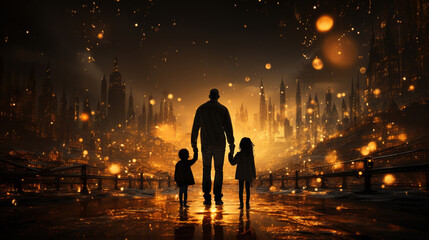 A Man Walk With Two Young Kids Cinematic Cityscape in Atmospheric Lighting Painting Dark Theme Background - obrazy, fototapety, plakaty