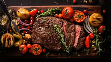 Medium Rare. Succulent roast beef steak served with tomatoes and grilled vegetables on a wooden board with herbs and spices