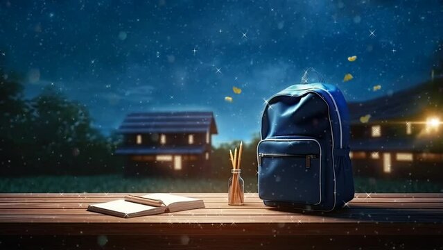 back to school concept in night with bag and book animation. Cartoon or anime illustration style. seamless looping 4K time-lapse virtual video animation background	