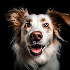 cool, funny portrait of dog in front of dark background