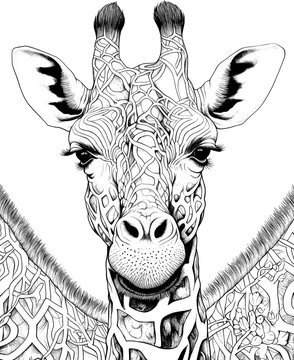 Black and white illustration for coloring animals,giraffe.