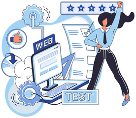 Application testing metaphor. Vector illustration. Software testing, debugging process that enhances code quality Application testing, safety measure ensuring softwares seamless functioning App test