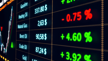 Obraz premium Brent crude oil and natural gas price. Commodity exchange monitor, trading, business, financial figures, chart. Energy commodity concept.