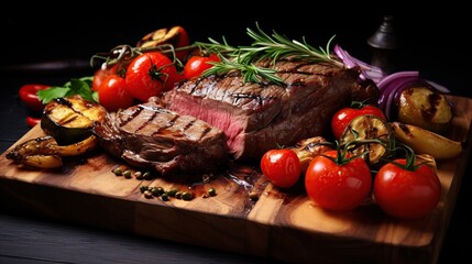 Medium Rare. Succulent roast beef steak served with tomatoes and grilled vegetables on a wooden board with herbs and spices