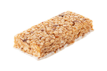 Oat and nut bar isolated on white. Granola bar. Healthy sweet dessert snack. Cereal granola bar with nuts, fruit and berries. Healthy munchies. 