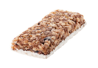 Oat and nut bar isolated on white. Granola bar. Healthy sweet dessert snack. Cereal granola bar with nuts, fruit and berries. Healthy munchies. 