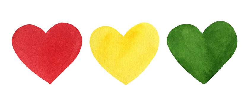 Watercolor set of 3 hearts kwanzaa. Red, green and yellow. Hand drawn watercolor illustration isolated on transparent.