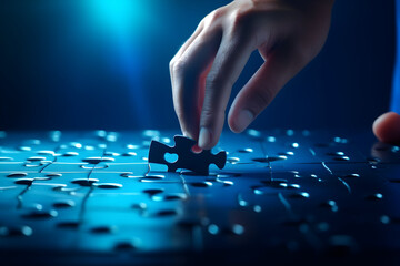 Completing Blue Jigsaw Puzzles with the Final Piece in a Dark Room, Hand Inserting the Last Piece into the Light-Leaked Gap