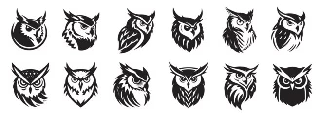 Fotobehang Uiltjes Owl head, black and white vector, silhouette shapes illustration