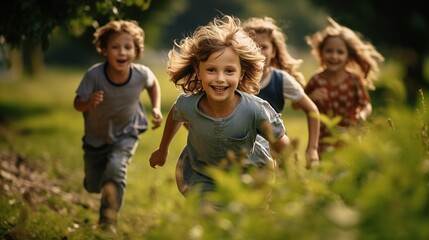 Fototapeta premium a group of 7-year-old children runs 