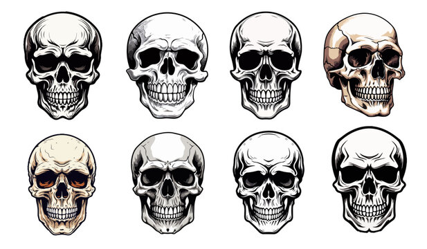 Skull head with headphones, vector illustration on a white background. Scary human skull.