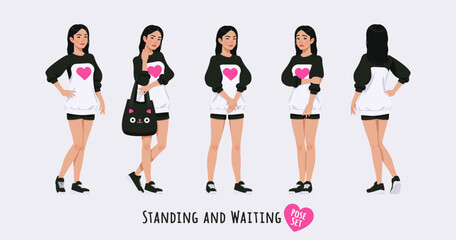 Asian girl, korean narrow eye woman standing, waiting pose set. Wearing cute outfit, oversized crewneck, loose sweatshirt, long sleeve, shorts. Cool looking teenager. Cartoon character illustration