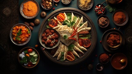 Obraz na płótnie Canvas Arabian Food: Traditional Middle Eastern Lunch, Food that Muslims eat after sunset during Ramadan. an assortment of oriental Arab foods. Close-up top view. Generative AI