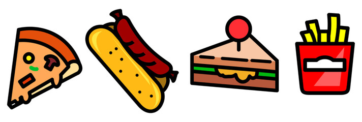 Pizza slice, hot dog, sandwich and fries icons. Line art style editable vector graphics. Menu design website design concept.